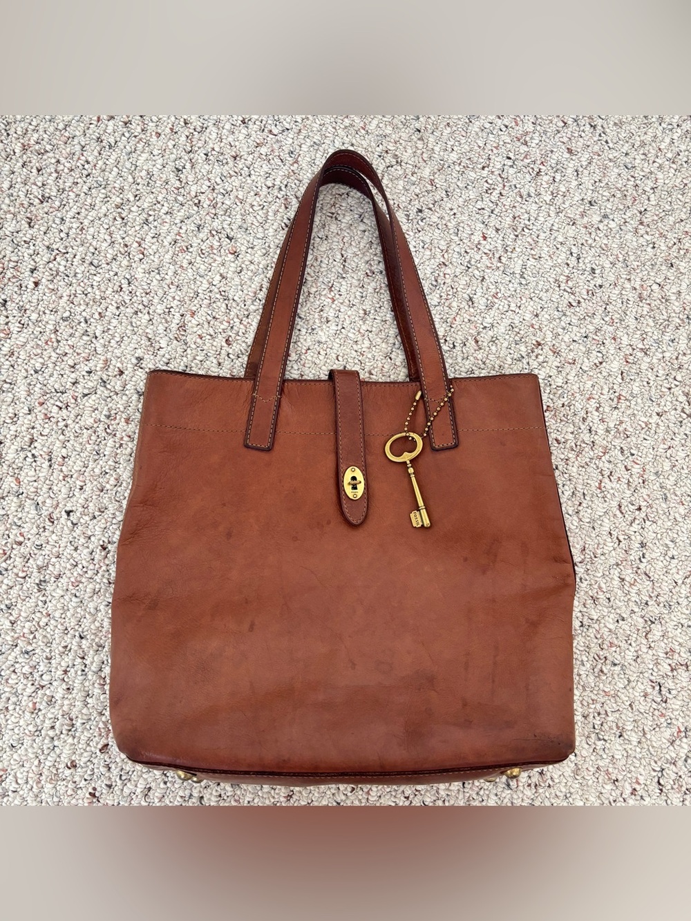 Vintage Fossil Leather Austin Tote Bag with Brass Turn-Lock and Hardware